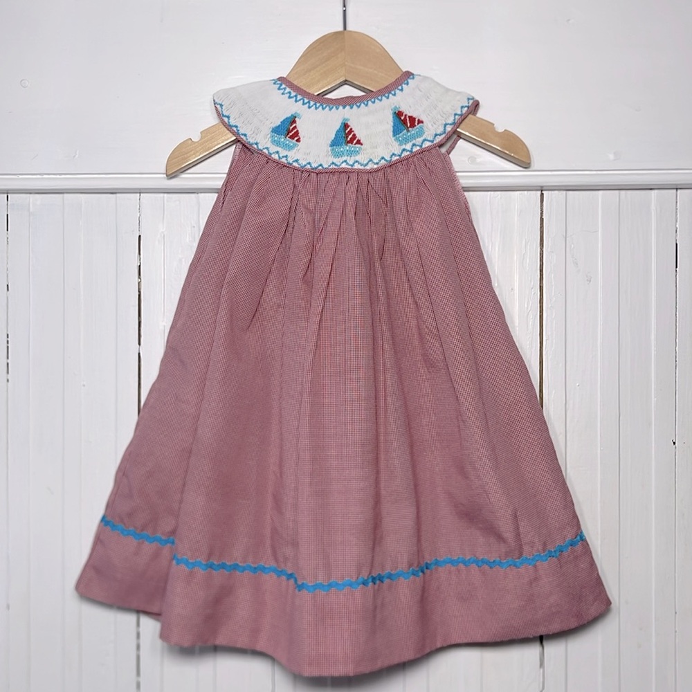 ROCK EM SMOCK EM VGUC Smocked Sailboat Gingham Ricrac Dress